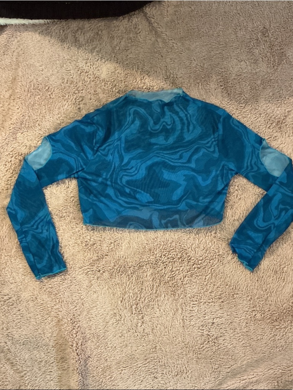 Blue Marble Print Long-Sleeve Crop Top